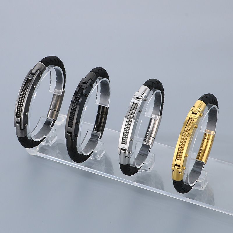 Business Formal Geometric 304 Stainless Steel Leather 18K Gold Plated Men's Bangle
