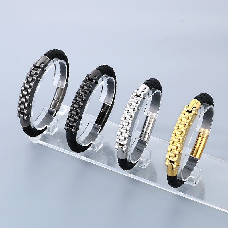 Business Formal Geometric 304 Stainless Steel Leather Braid 18K Gold Plated Men's Bangle