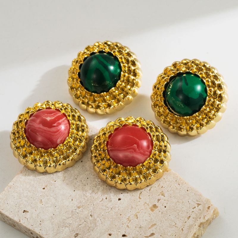1 Pair Vintage Style Classic Style Artistic Round Inlay Alloy Resin Natural Stone Ear Studs