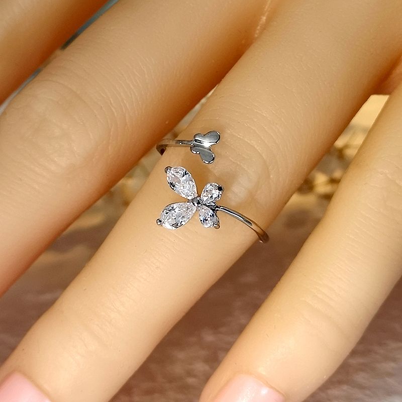 Copper Cute Inlay Butterfly Zircon Open Rings