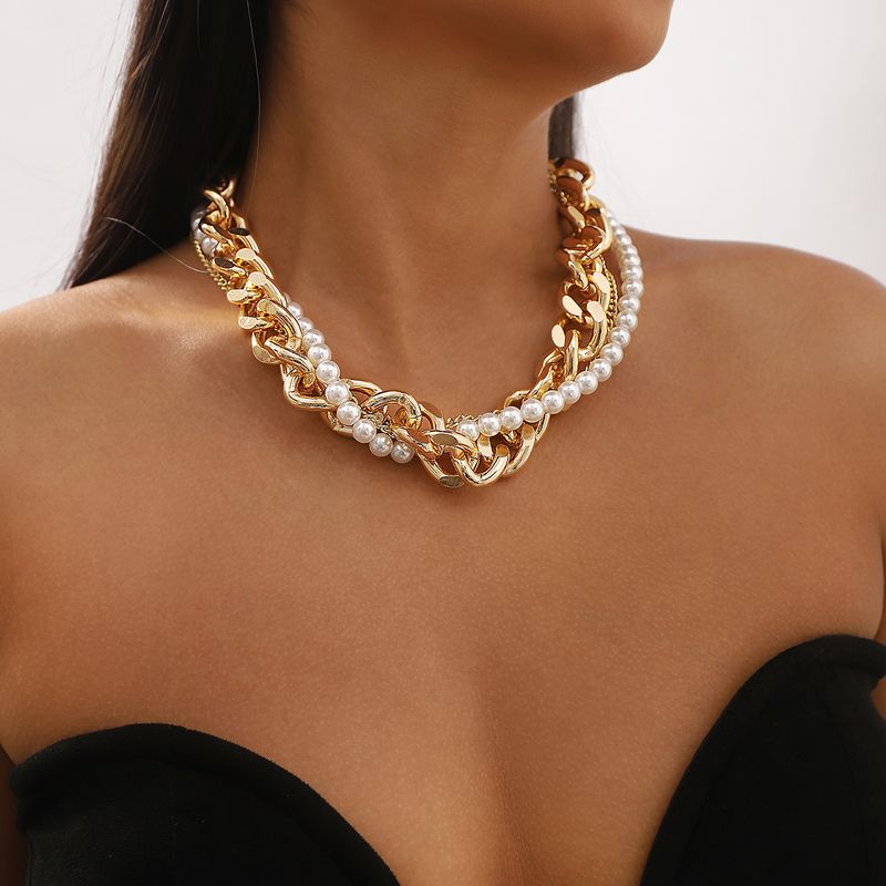 Punk Pearl Chain Imitation Pearl Alloy Criss Cross Women's Necklace