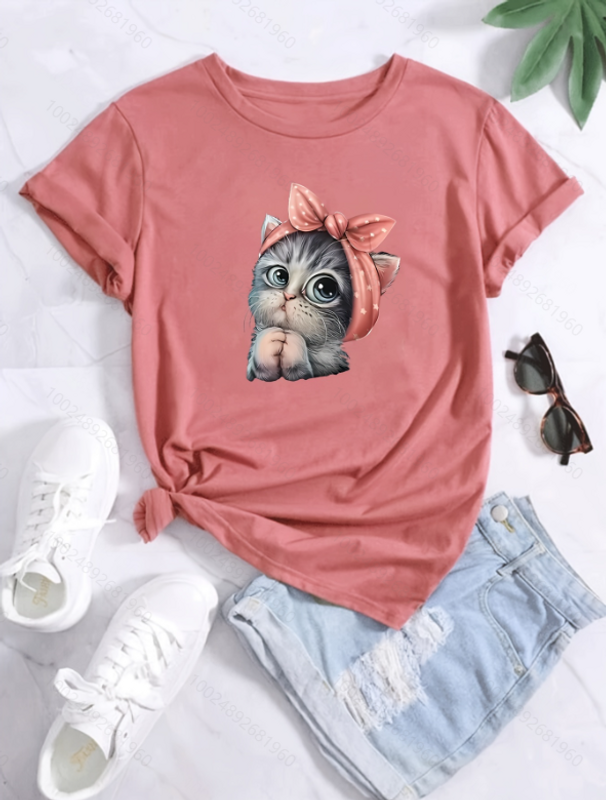 Frau T-Shirt Kurzarm T-Shirts Runden Lässig Karikatur Katze