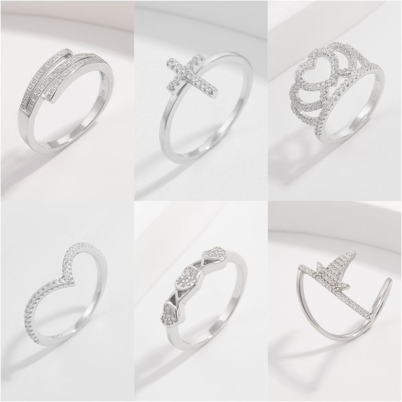 Sterling Silver White Gold Plated Elegant Glam Romantic Inlay V Shape Cross Crown Zircon Rings