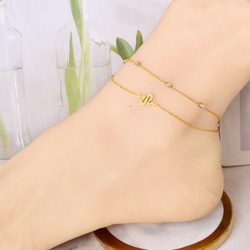 Simple Style Snake 304 Stainless Steel Glass Stone 18K Gold Plated Women's Anklet