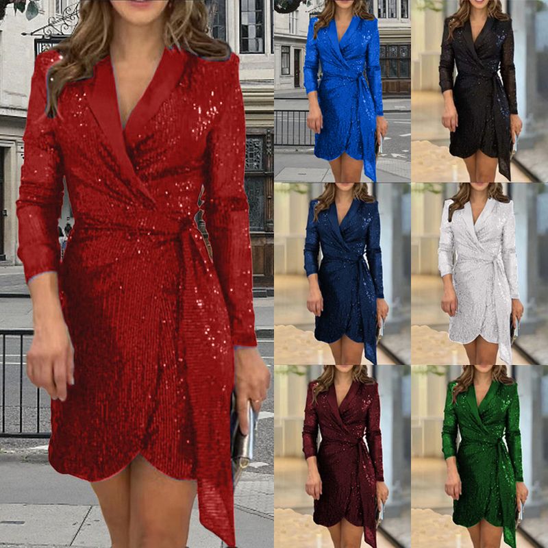Women's Sequin Dress Elegant Turndown Sequins Long Sleeve Solid Color Above Knee Banquet Party