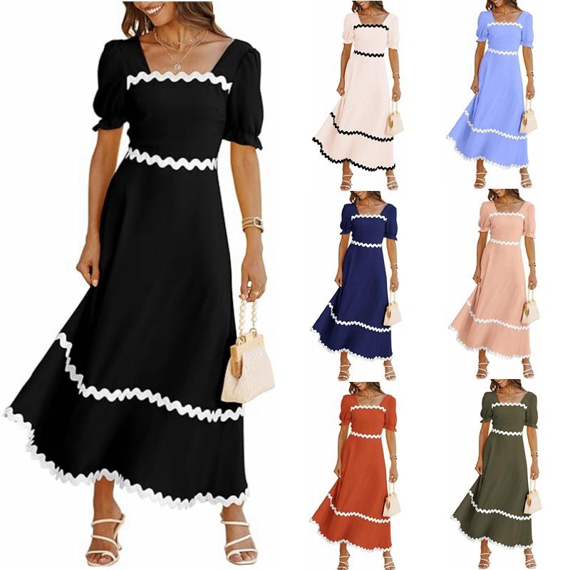 Frau Normales Kleid Einfacher Stil Quadratischer Hals Kurzarm Einfarbig Midi-Kleid Täglich