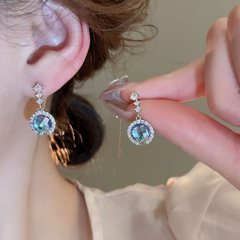 1 Pair IG Style Shiny Round Inlay Copper Moonstone Zircon Drop Earrings