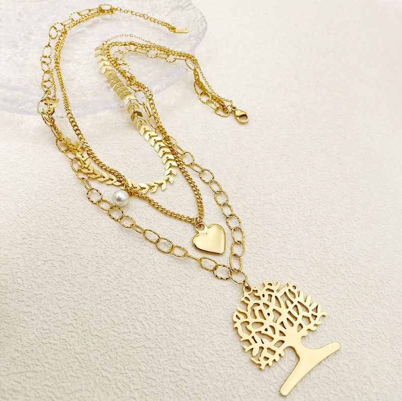 304 Stainless Steel Casual Vacation Tropical Inlay Plant Life Tree Pearl Three Layer Necklace