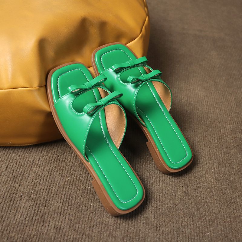 Women's Casual Commute Solid Color Bowknot Square Toe Slides Slippers