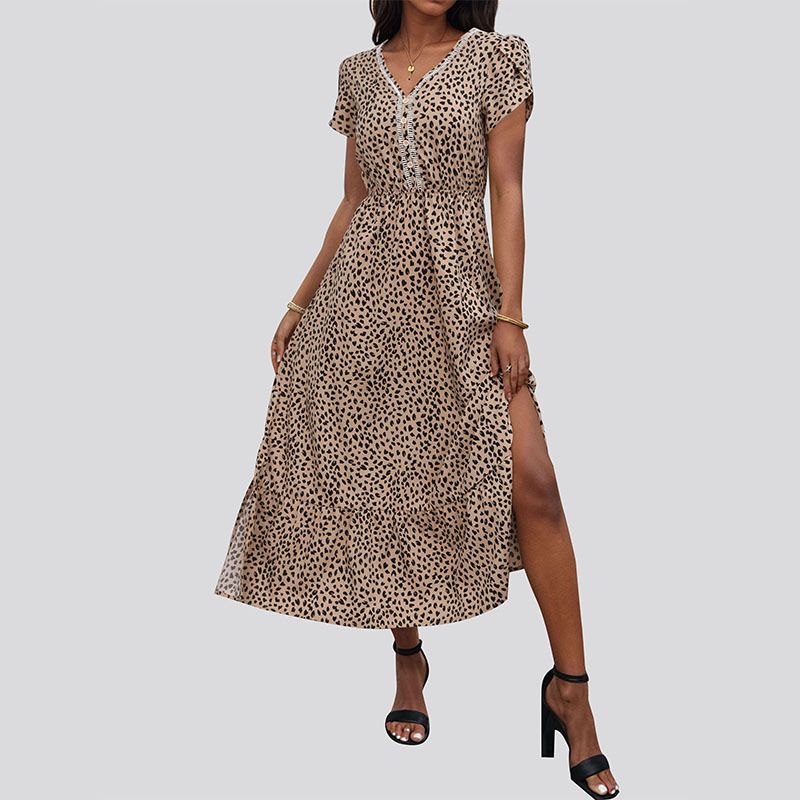 Frau Normales Kleid Elegant V-Ausschnitt Drucken Spitze Kurzarm Leopard Midi-Kleid Täglich Strand