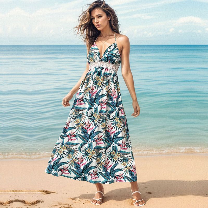 Women's Strap Dress Vacation V Neck Printing Lace Sleeveless Tropical Midi Dress Holiday Daily Beach