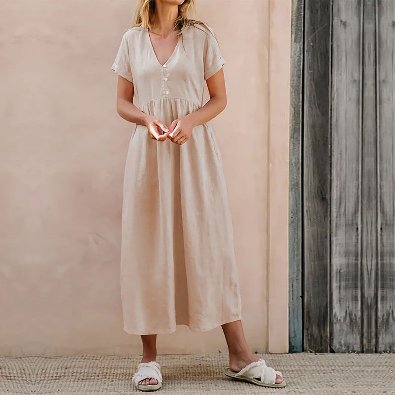 Frau Normales Kleid Einfacher Stil V-Ausschnitt Taste Kurzarm Einfarbig Midi-Kleid Ferien Strand