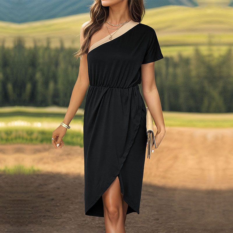 Women's Regular Dress Elegant Oblique Collar Contrast Binding Short Sleeve Solid Color Knee-Length Holiday Daily