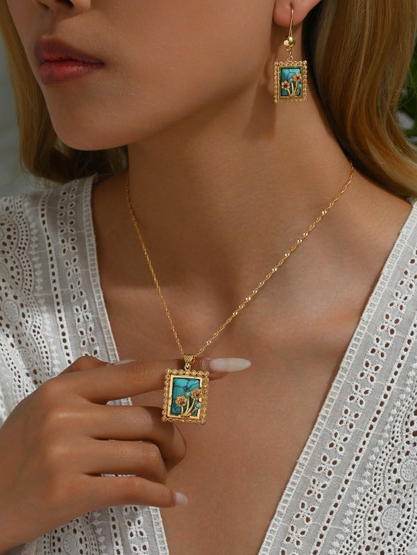 Kupfer 18 Karat Vergoldet Elegant Vintage-Stil Dame Inlay Wassertropfen Rose Türkis Strasssteine Ohrringe Halskette