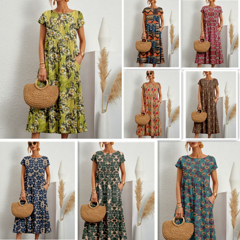 Women's Regular Dress Vacation Round Neck Printing Zipper Sleeveless Leaves Flower Maxi Long Dress Holiday Daily Beach