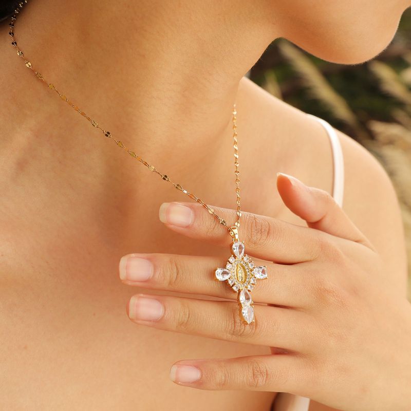 Wholesale IG Style Shiny Human Cross 304 Stainless Steel Brass Inlay 18K Gold Plated Zircon Pendant Necklace