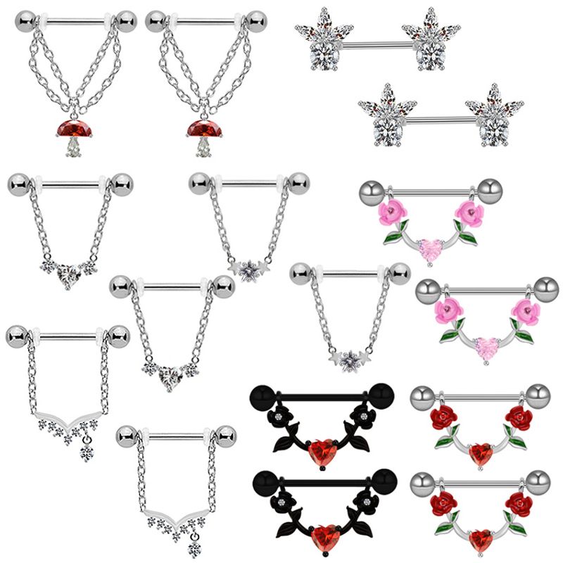 1 Piece Nipple Rings & Studs IG Style Shiny Heart Shape Flower 316 Stainless Steel  Alloy Titanium Steel Epoxy Chain Inlay Resin Rhinestones Glass White Gold Plated Gold Plated