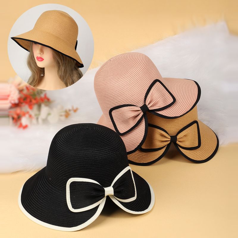 Women's Elegant Sweet Solid Color Braid Bowknot Wide Eaves Sun Hat