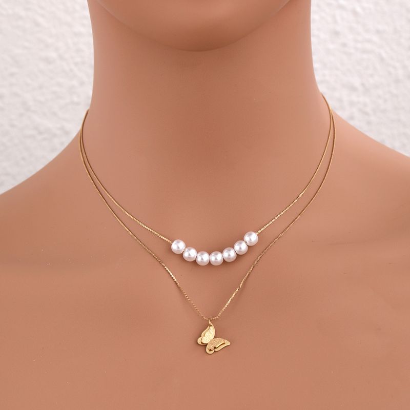 Elegant Lady Classic Style Butterfly Imitation Pearl Plating 18K Gold Plated Women's Double Layer Necklaces
