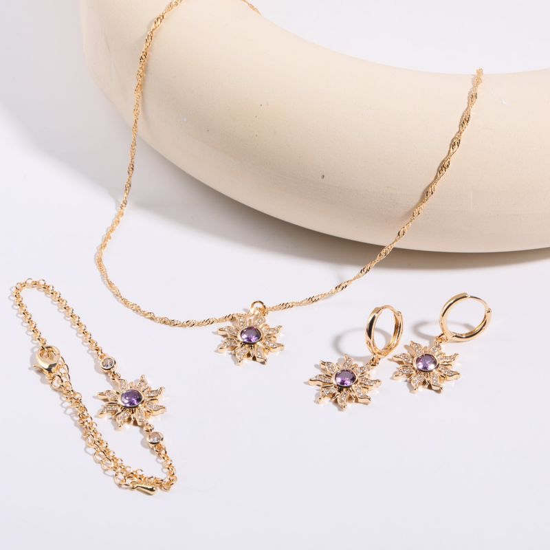 Copper Gold Plated Sweet Plating Inlay Sun Zircon Rings Earrings Necklace