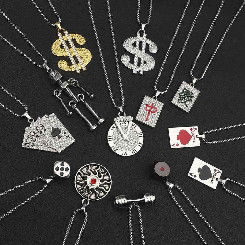 Hip Hop Robot Mahjong Poker Alliage De Zinc Acier Inoxydable 201 Incruster Strass Hommes Pendentif