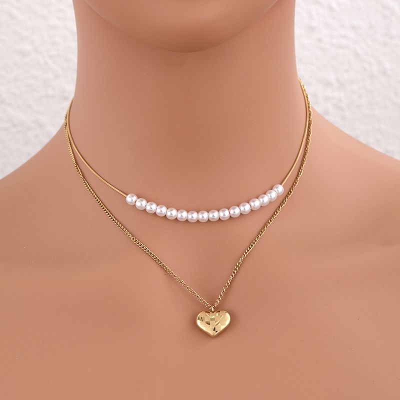 304 Stainless Steel Imitation Pearl 18K Gold Plated Elegant Lady Streetwear Plating Heart Shape Double Layer Necklaces