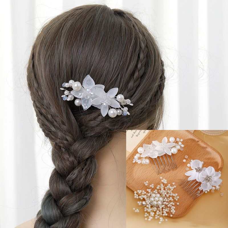 Women's Fairy Style Princess Bridal Flower Imitation Pearl Handmade Inlay Artificial Pearls Rhinestones Hair Clip Insert Comb