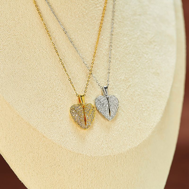 Wholesale IG Style Shiny Heart Shape Wings 304 Stainless Steel Copper Inlay Zircon Pendant Necklace