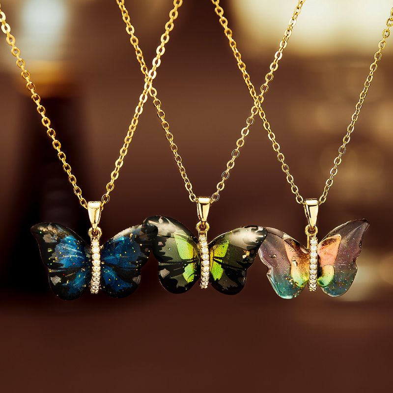 IG Style Sweet Butterfly 304 Stainless Steel Plastic Copper Inlay Women's Pendant Necklace