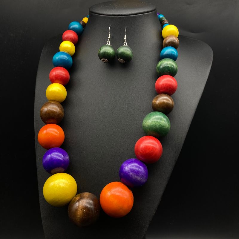 Retro Exaggerated Beach Round Wood Beaded Women's Jewelry Set