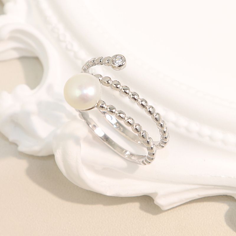 Sterling Silver White Gold Plated Elegant Glam Luxurious Inlay Lines Pearl Zircon Open Rings