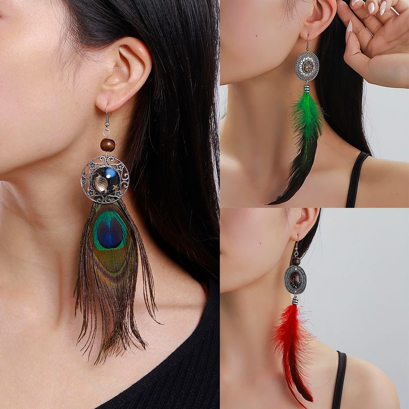 1 Pair Y2K Bohemian Beach Feather Inlay Feather Glass Silver Plated Drop Earrings