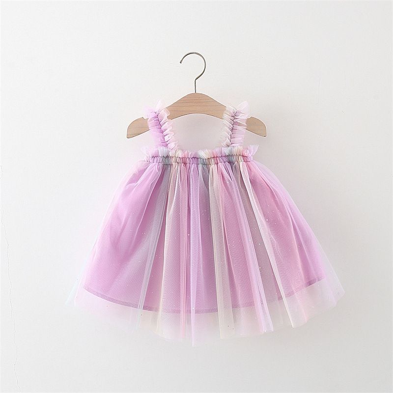 Vestido De Verano Para Niñas, Nuevo Vestido De Estilo Coreano, Correa De Color Sólido, Vestido De Malla De Arco Iris, Estilo Occidental, Vestido De Princesa Para Bebé Y Niña