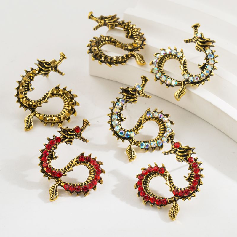 1 Pair Hip-Hop Dragon Inlay Alloy Rhinestones Drop Earrings