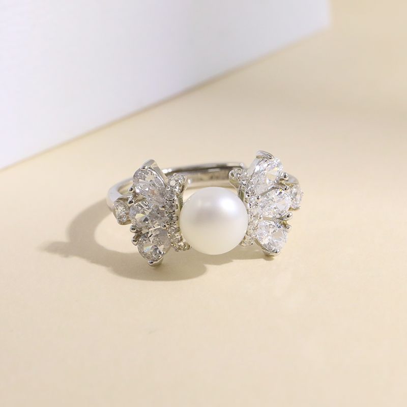 Sterling Silber Weißgold Plattiert Elegant Glam Überzug Inlay Einfarbig Perle Zirkon Offener Ring