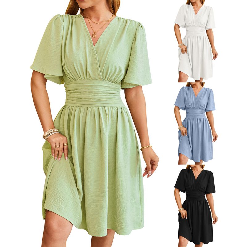 Women's Regular Dress Simple Style V Neck Pleated Half Sleeve Solid Color Midi Dress Daily