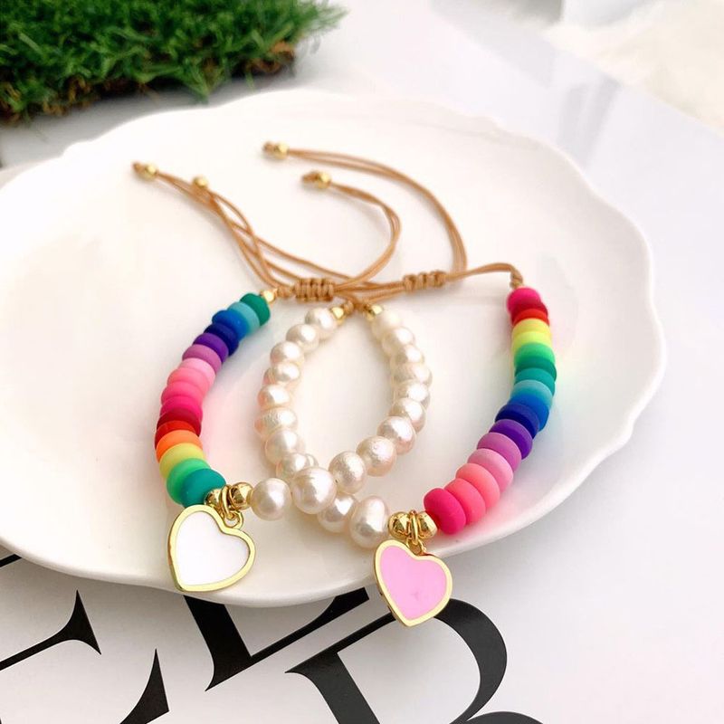 IG Style Modern Style Round Heart Shape Freshwater Pearl Soft Clay Copper Enamel Women's Bracelets 1 Piece