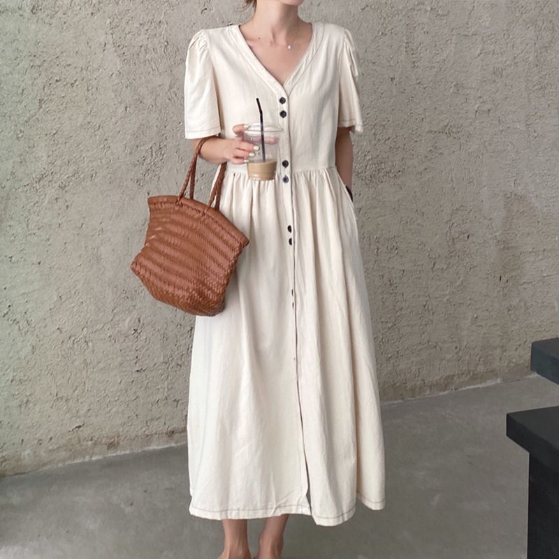 Women's Shirt Dress Simple Style V Neck Short Sleeve Solid Color Midi Dress Daily