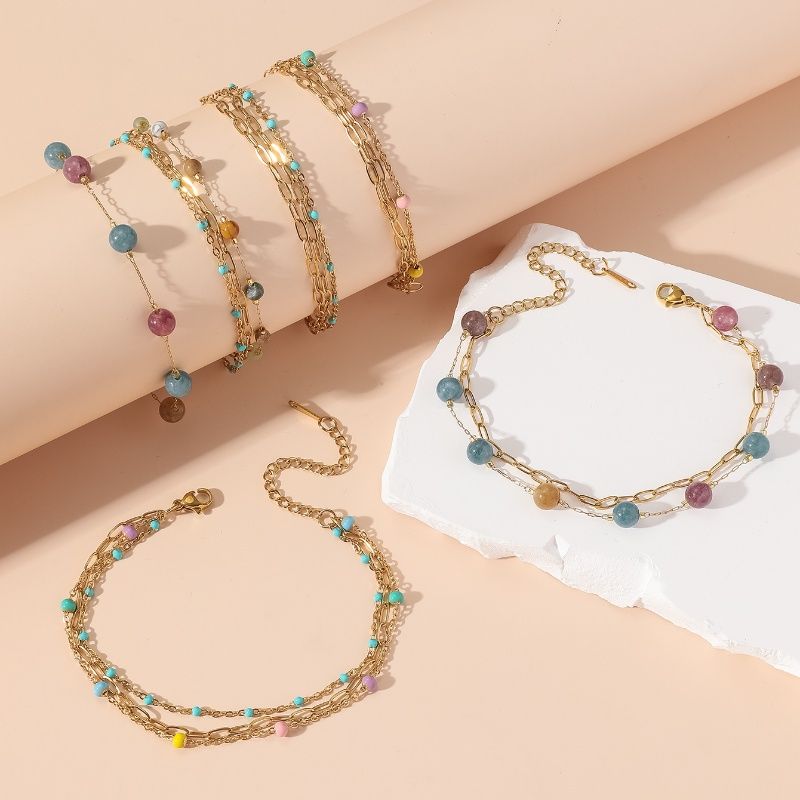 Beach Tropical Cool Style Geometric Colorful Splicing 304 Stainless Steel Inlay Natural Stone 18K Gold Plated Women's Bracelets Anklet