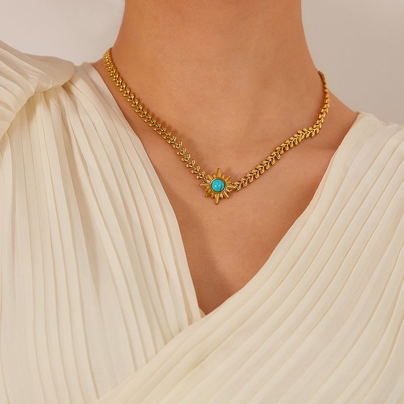 Acier Inoxydable 304 Style Vintage Style Simple Incruster Soleil Turquoise Collier
