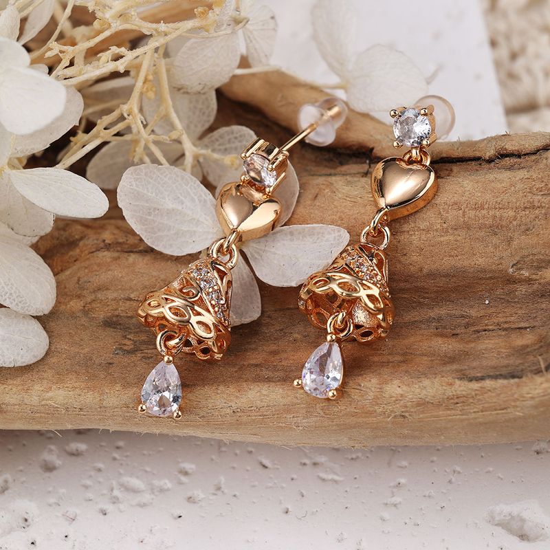 1 Pair IG Style Shiny Heart Shape Bell Inlay Copper Zircon Rose Gold Plated Drop Earrings