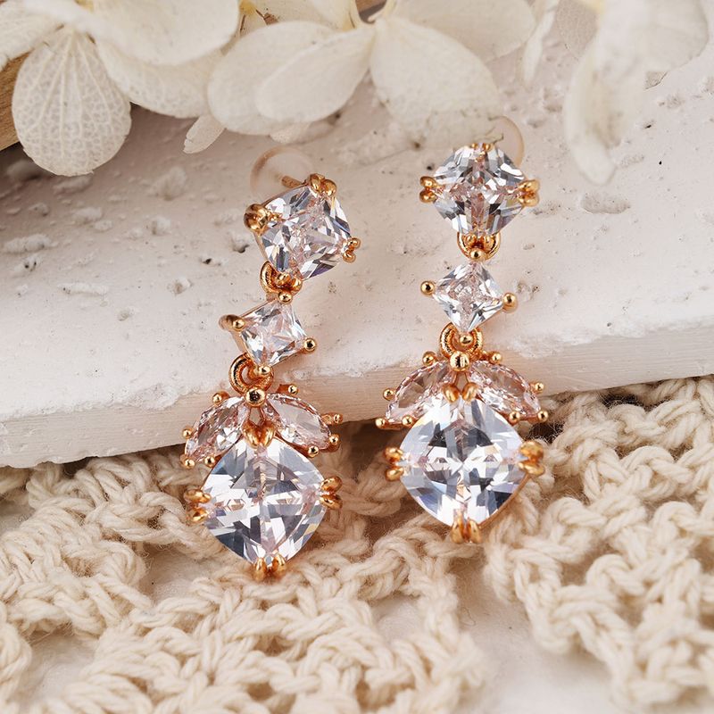 1 Pair Simple Style Shiny Square Inlay Copper Zircon Rose Gold Plated Drop Earrings