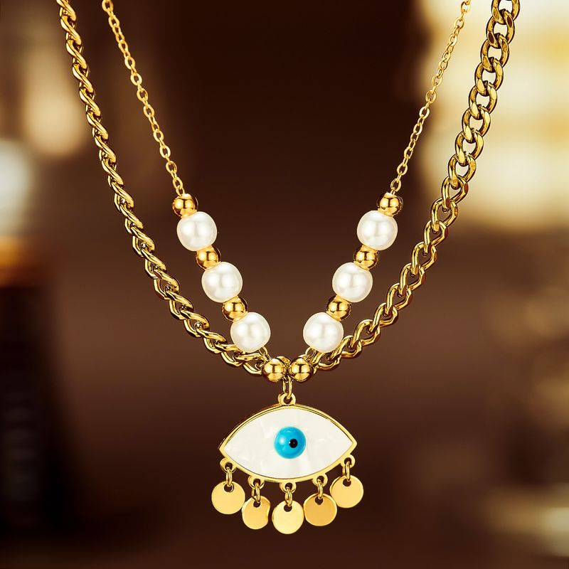 Edelstahl 304 IG-Stil Vintage-Stil Perlen Perle Inlay Teufels Auge Hülse Doppellagige Halsketten