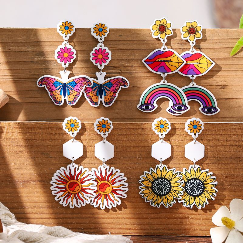 1 Pair Simple Style Classic Style Flower Butterfly Printing Arylic Drop Earrings