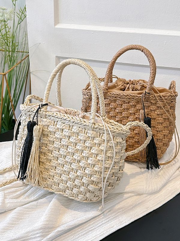 Women's Braid Solid Color Classic Style Weave Sewing Thread String Straw Bag