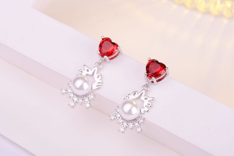 1 Paire Rétro Forme De Cœur Incruster Le Cuivre Perle Zircon Boucles D'oreilles