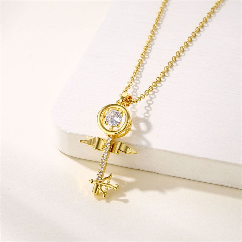 201 Stainless Steel Brass 18K Gold Plated Shiny Plating Inlay Key Zircon Pendant Necklace
