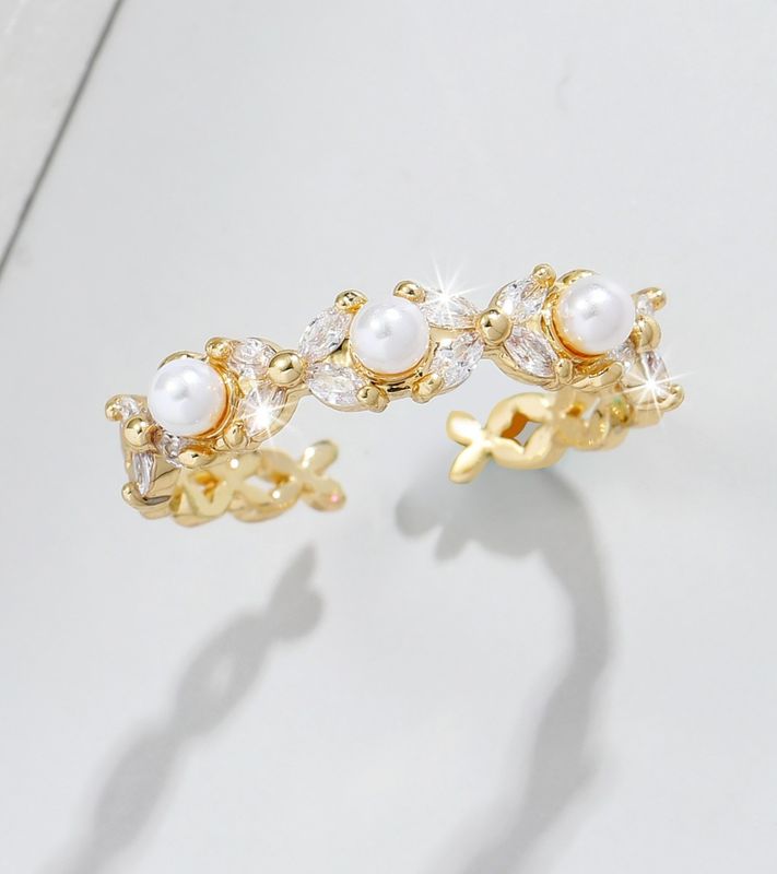 Wholesale IG Style Sweet Commute Geometric Copper Inlay Artificial Pearls Diamond Open Rings