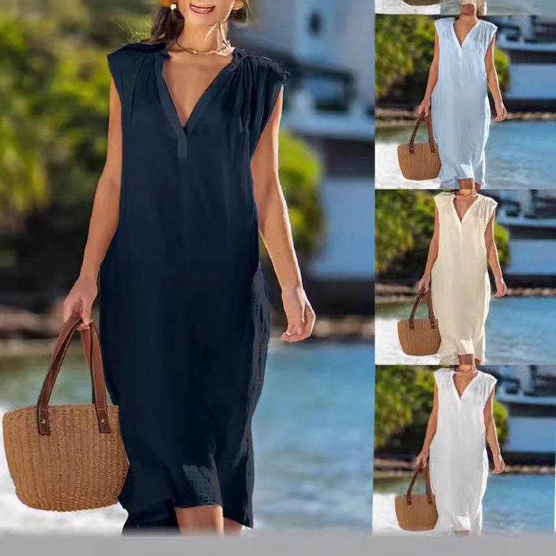 Frau Normales Kleid Einfacher Stil V-Ausschnitt Ärmellos Einfarbig Midi-Kleid Täglich