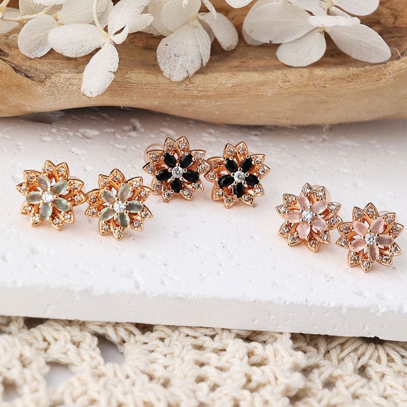 1 Paire Mignon Fleur Incruster Le Cuivre Zircon Plaqué Or Rose Boucles D'Oreilles